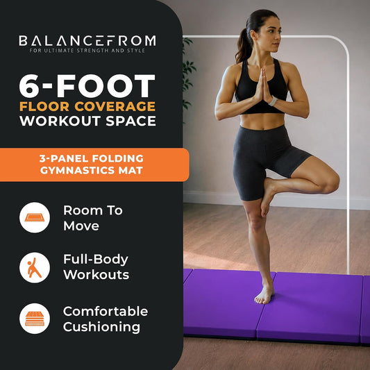 BalanceFrom 6x2 Feet 3-Panel Folding Gymnastics Mat – 2-Inch Thick Pad with Vinyl Surface and Carrying Handles for Tumbling, Yoga, Pilates, Home Workouts, and Martial Arts