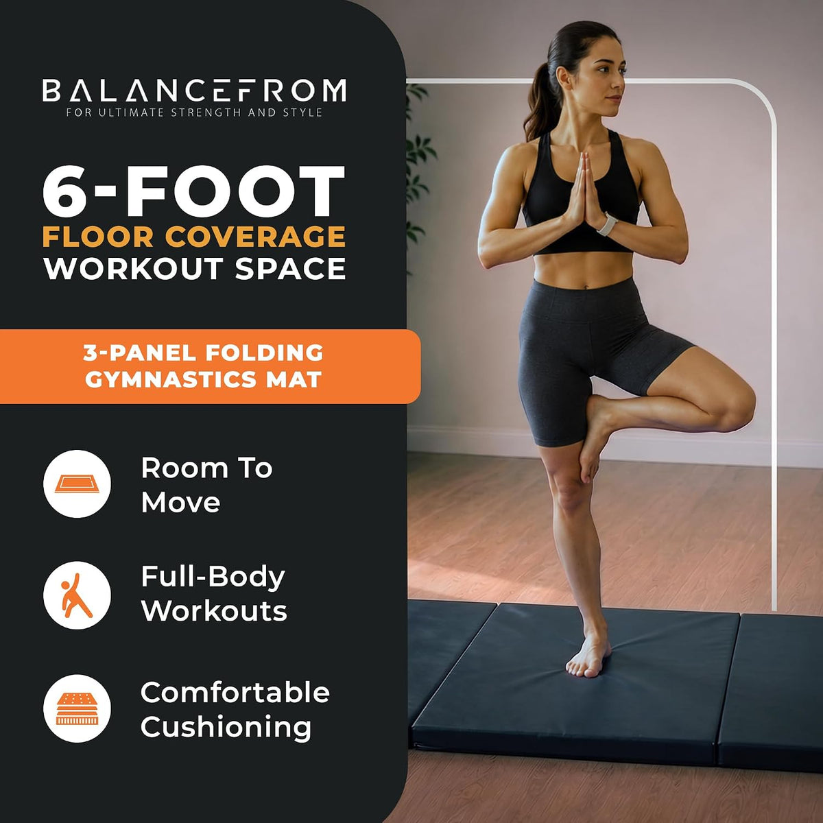 BalanceFrom 6x2 Feet 3-Panel Folding Gymnastics Mat – 2-Inch Thick Pad with Vinyl Surface and Carrying Handles for Tumbling, Yoga, Pilates, Home Workouts, and Martial Arts