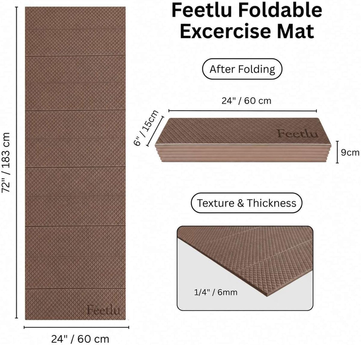 Foldable Yoga Mat, 72" x 24", 6/8/10/12mm