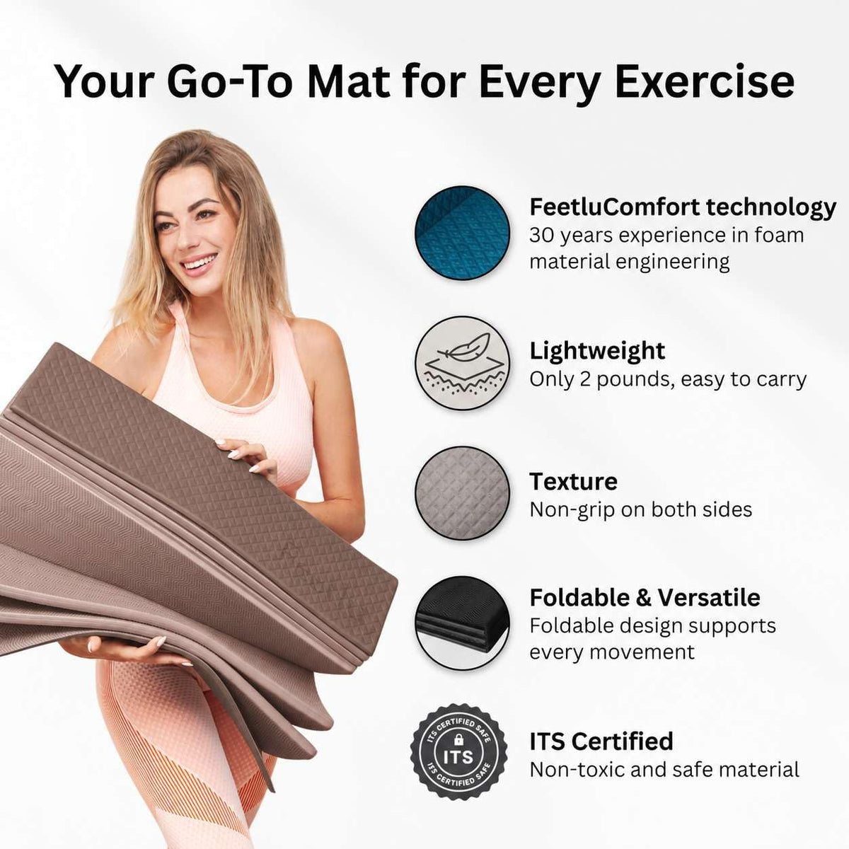 Foldable Yoga Mat, 72" x 24", 6/8/10/12mm