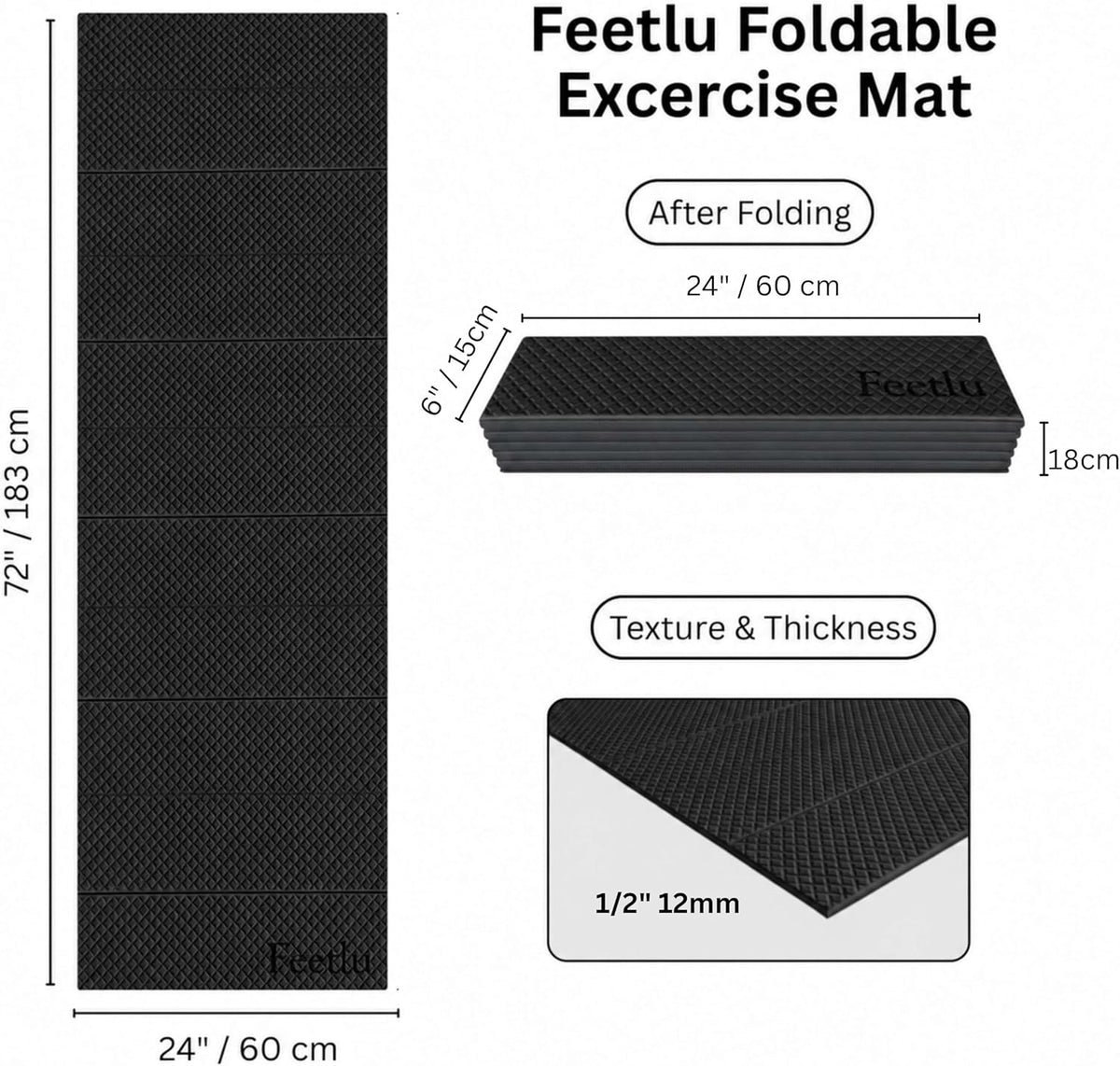 Foldable Yoga Mat, 72" x 24", 6/8/10/12mm