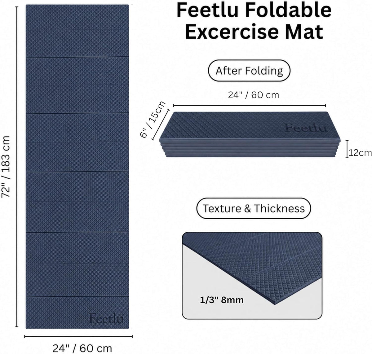Foldable Yoga Mat, 72" x 24", 6/8/10/12mm