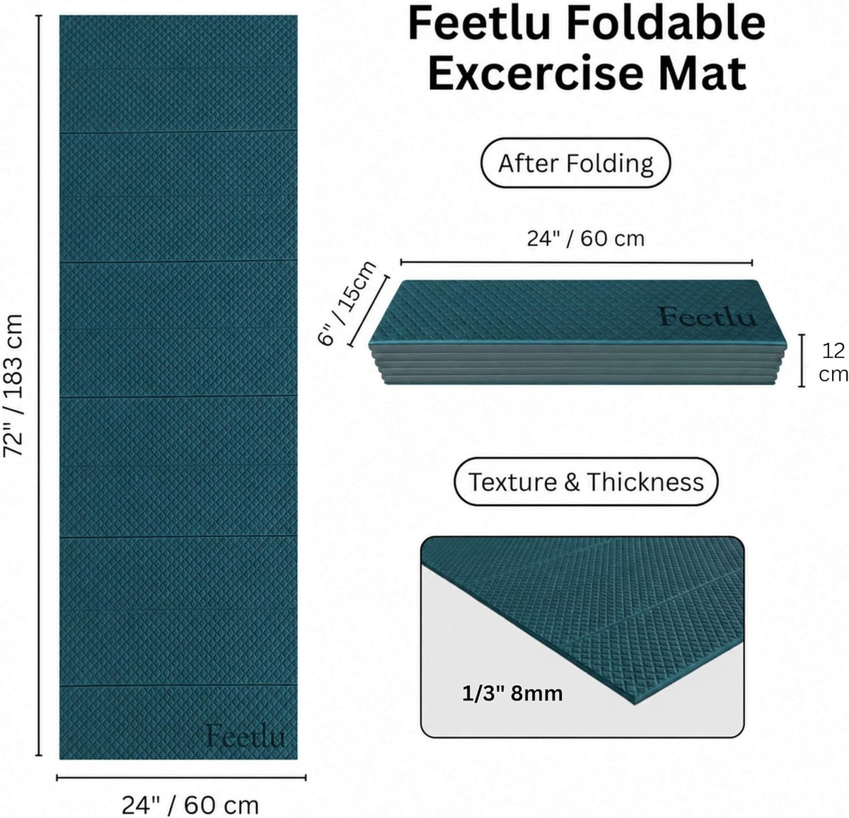 Foldable Yoga Mat, 72" x 24", 6/8/10/12mm