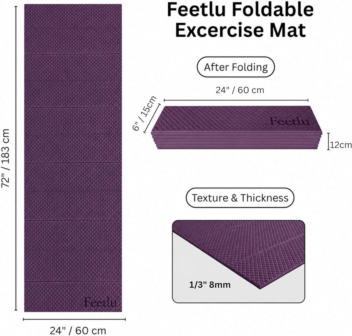 Foldable Yoga Mat, 72" x 24", 6/8/10/12mm