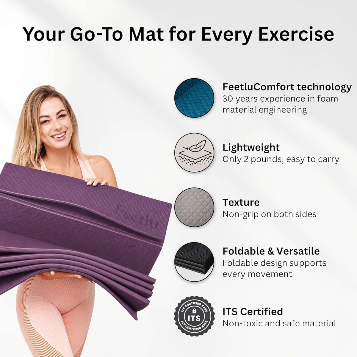 Foldable Yoga Mat, 72" x 24", 6/8/10/12mm