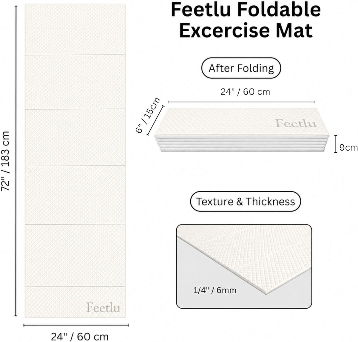 Foldable Yoga Mat, 72" x 24", 6/8/10/12mm