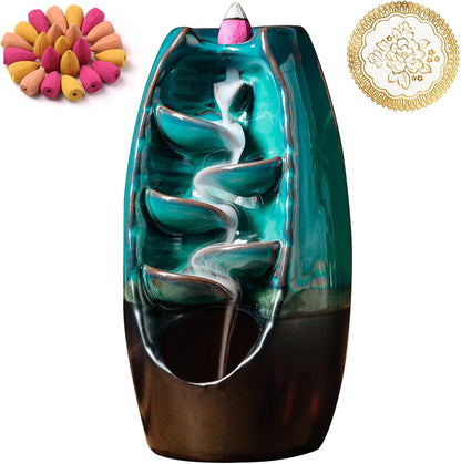 Ceramic Incense Burner with 100 Upgraded Cones, Waterfall Backflow Incense Holder, Aromatherapy Ornament, Zen Decor, Home Decor, Room Decor (Cyan)