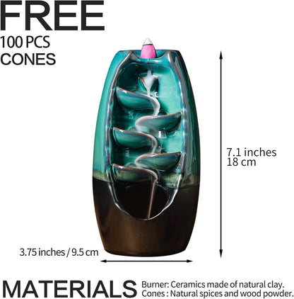 Ceramic Incense Burner with 100 Upgraded Cones, Waterfall Backflow Incense Holder, Aromatherapy Ornament, Zen Decor, Home Decor, Room Decor (Cyan)