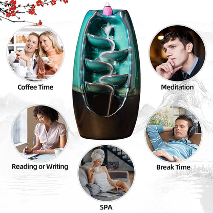 Ceramic Incense Burner with 100 Upgraded Cones, Waterfall Backflow Incense Holder, Aromatherapy Ornament, Zen Decor, Home Decor, Room Decor (Cyan)