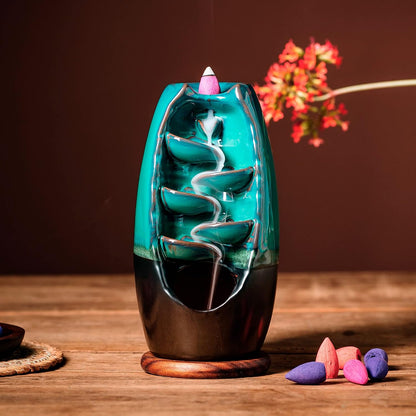 Ceramic Incense Burner with 100 Upgraded Cones, Waterfall Backflow Incense Holder, Aromatherapy Ornament, Zen Decor, Home Decor, Room Decor (Cyan)