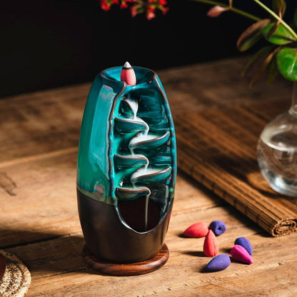Ceramic Incense Burner with 100 Upgraded Cones, Waterfall Backflow Incense Holder, Aromatherapy Ornament, Zen Decor, Home Decor, Room Decor (Cyan)