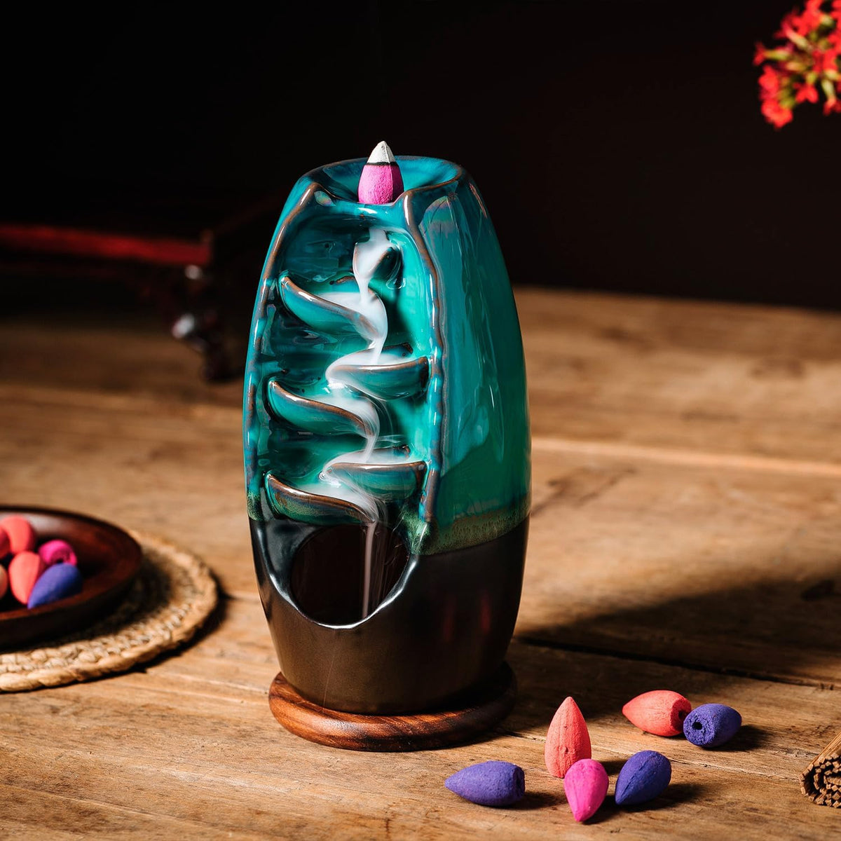 Ceramic Incense Burner with 100 Upgraded Cones, Waterfall Backflow Incense Holder, Aromatherapy Ornament, Zen Decor, Home Decor, Room Decor (Cyan)