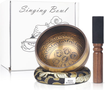 Tibetan Singing Bowls Set- Handmade in Nepal Meditation Sound Bowls for Yoga, Meditation, Mindfulness, Healing and Chakra Balancing, Stress Relief (4', Brown)