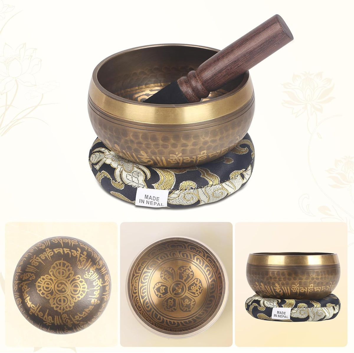 Tibetan Singing Bowls Set- Handmade in Nepal Meditation Sound Bowls for Yoga, Meditation, Mindfulness, Healing and Chakra Balancing, Stress Relief (4', Brown)