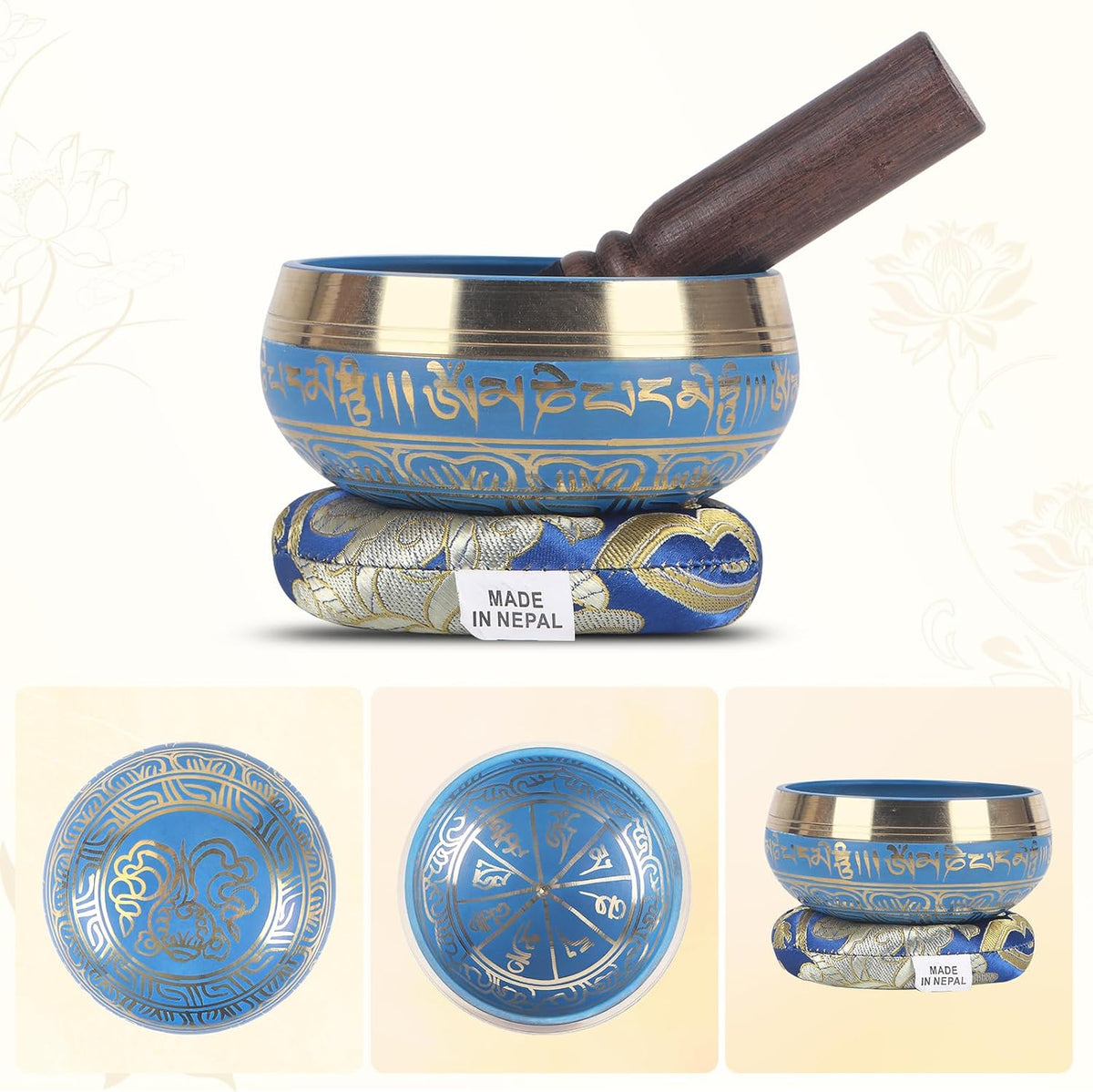 Tibetan Singing Bowls Set- Handmade in Nepal Meditation Sound Bowls for Yoga, Meditation, Mindfulness, Healing and Chakra Balancing, Stress Relief (4', Brown)