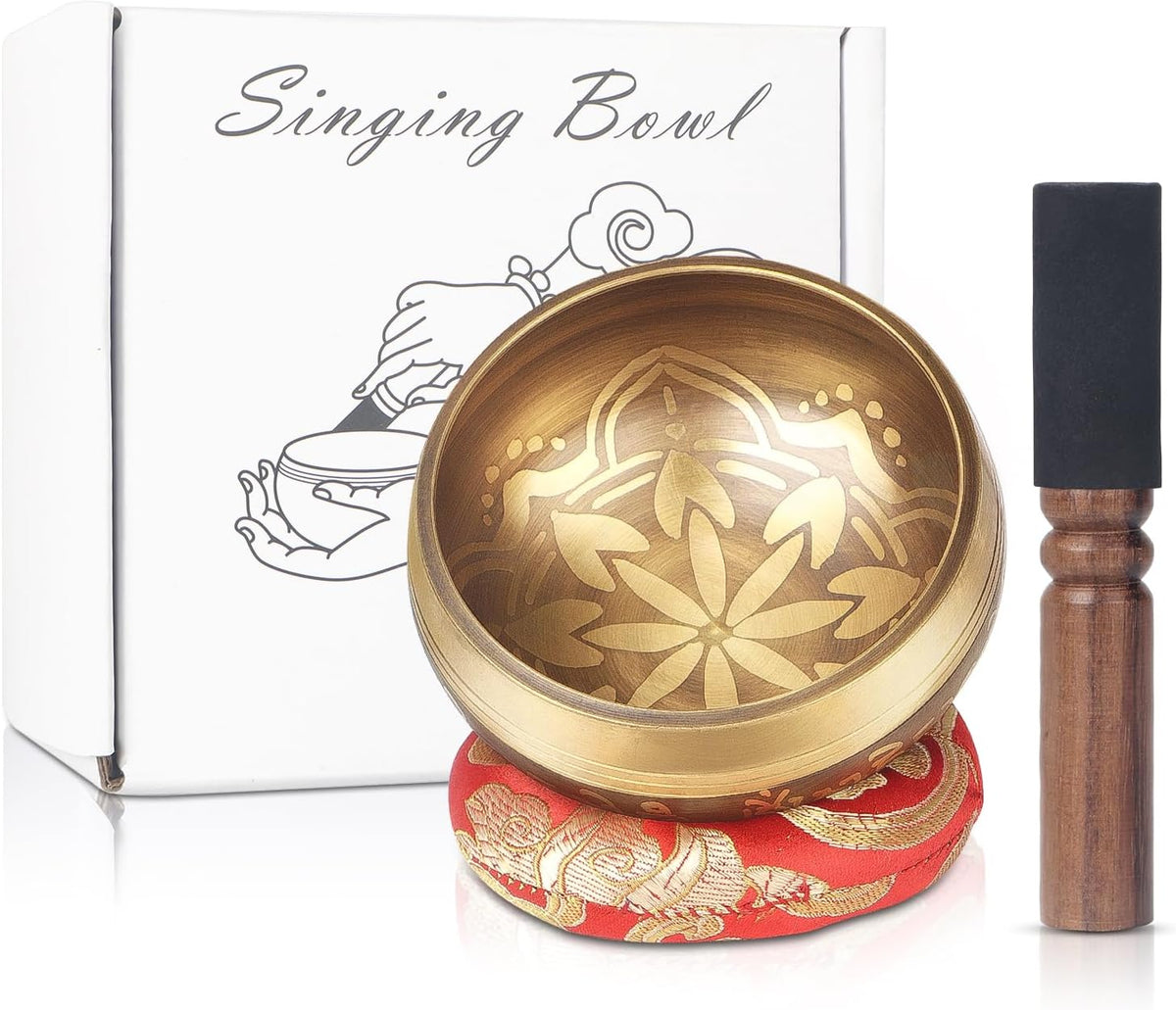 Tibetan Singing Bowls Set- Handmade in Nepal Meditation Sound Bowls for Yoga, Meditation, Mindfulness, Healing and Chakra Balancing, Stress Relief (4', Brown)
