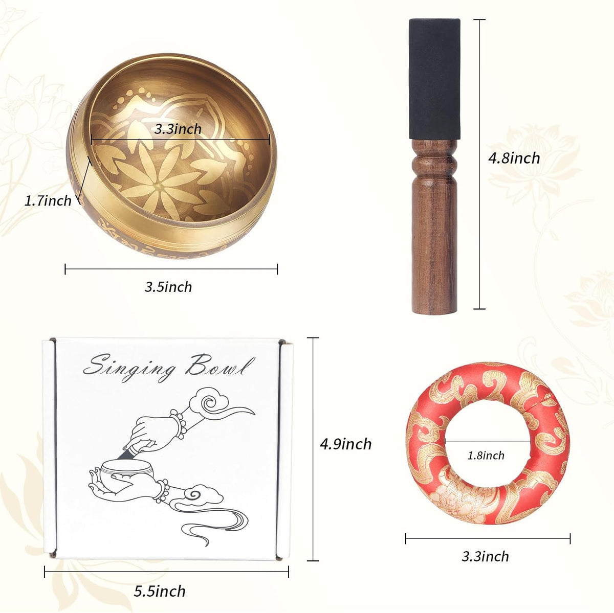 Tibetan Singing Bowls Set- Handmade in Nepal Meditation Sound Bowls for Yoga, Meditation, Mindfulness, Healing and Chakra Balancing, Stress Relief (4', Brown)