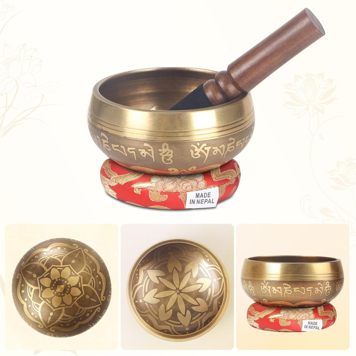 Tibetan Singing Bowls Set- Handmade in Nepal Meditation Sound Bowls for Yoga, Meditation, Mindfulness, Healing and Chakra Balancing, Stress Relief (4', Brown)