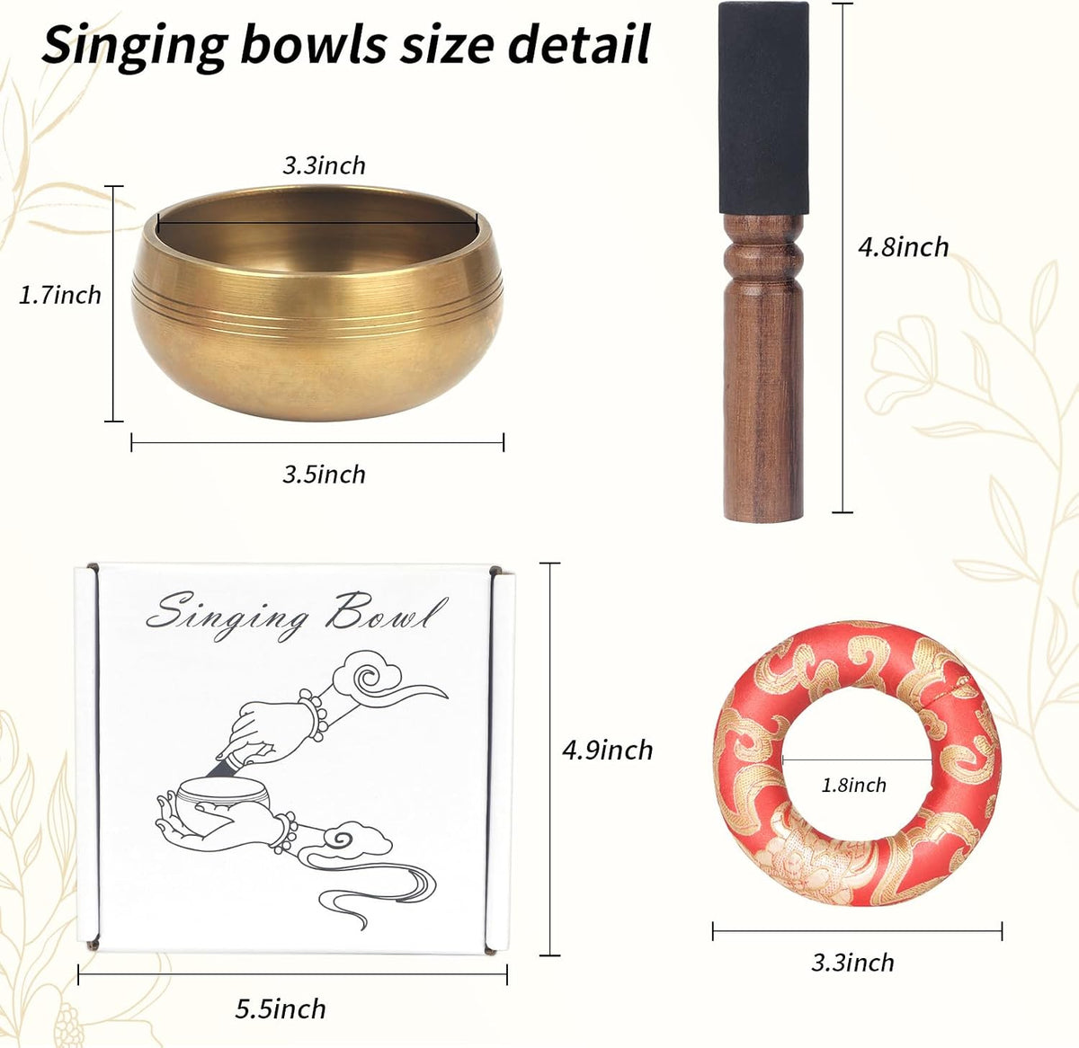 Tibetan Singing Bowls Set- Handmade in Nepal Meditation Sound Bowls for Yoga, Meditation, Mindfulness, Healing and Chakra Balancing, Stress Relief (4', Brown)