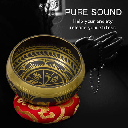 Tibetan Singing Bowls Set- Handmade in Nepal Meditation Sound Bowls for Yoga, Meditation, Mindfulness, Healing and Chakra Balancing, Stress Relief (4', Brown)