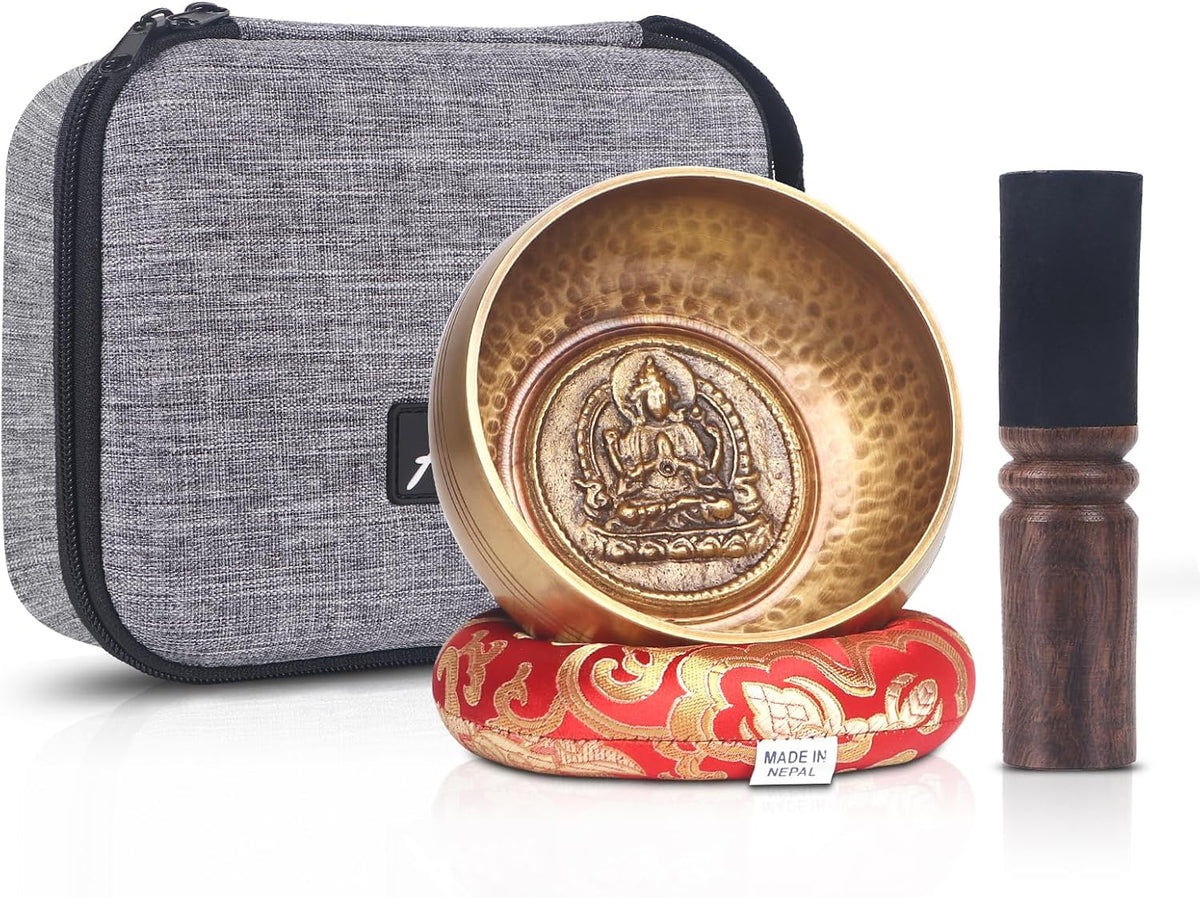 Tibetan Singing Bowls Set- Handmade in Nepal Meditation Sound Bowls for Yoga, Meditation, Mindfulness, Healing and Chakra Balancing, Stress Relief (4', Brown)