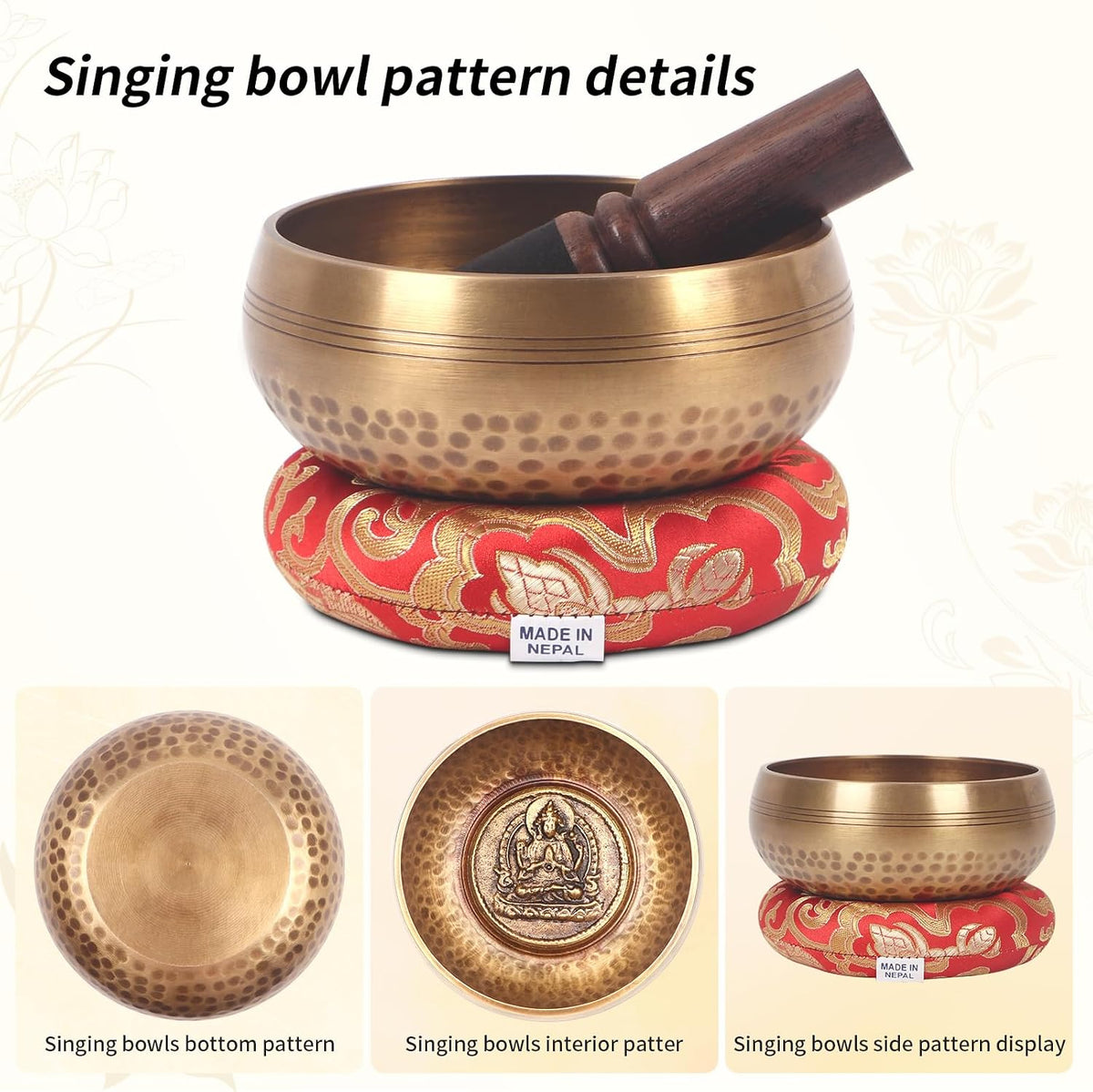 Tibetan Singing Bowls Set- Handmade in Nepal Meditation Sound Bowls for Yoga, Meditation, Mindfulness, Healing and Chakra Balancing, Stress Relief (4', Brown)