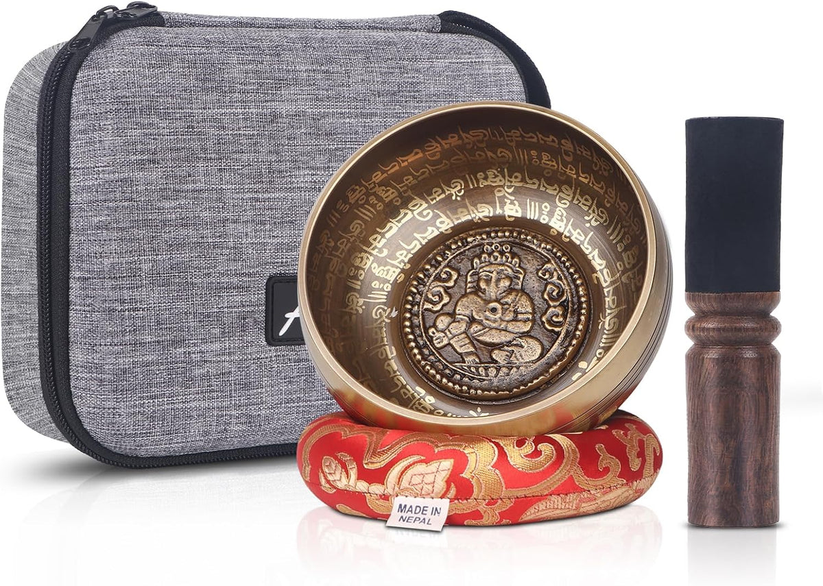 Tibetan Singing Bowls Set- Handmade in Nepal Meditation Sound Bowls for Yoga, Meditation, Mindfulness, Healing and Chakra Balancing, Stress Relief (4', Brown)