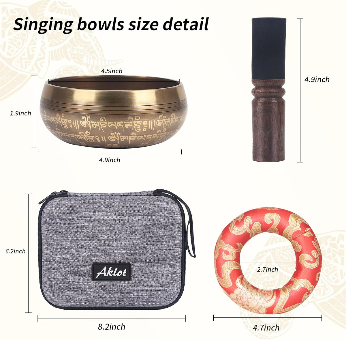 Tibetan Singing Bowls Set- Handmade in Nepal Meditation Sound Bowls for Yoga, Meditation, Mindfulness, Healing and Chakra Balancing, Stress Relief (4', Brown)