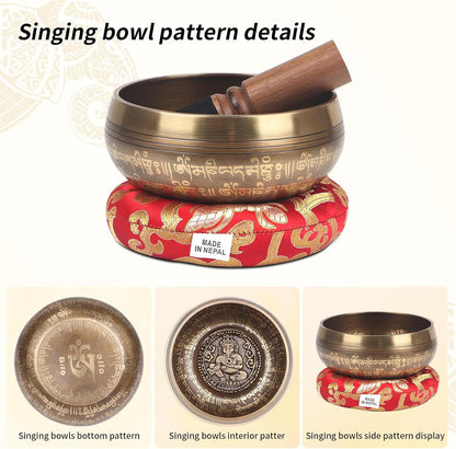 Tibetan Singing Bowls Set- Handmade in Nepal Meditation Sound Bowls for Yoga, Meditation, Mindfulness, Healing and Chakra Balancing, Stress Relief (4', Brown)