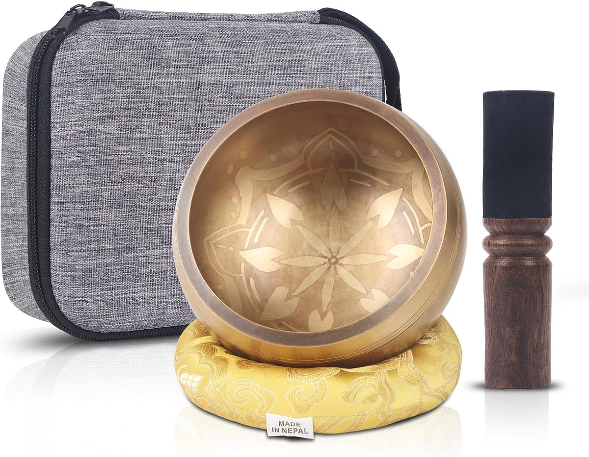 Tibetan Singing Bowls Set- Handmade in Nepal Meditation Sound Bowls for Yoga, Meditation, Mindfulness, Healing and Chakra Balancing, Stress Relief (4', Brown)