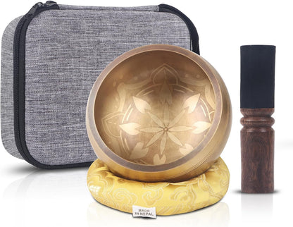 Tibetan Singing Bowls Set- Handmade in Nepal Meditation Sound Bowls for Yoga, Meditation, Mindfulness, Healing and Chakra Balancing, Stress Relief (4', Brown)
