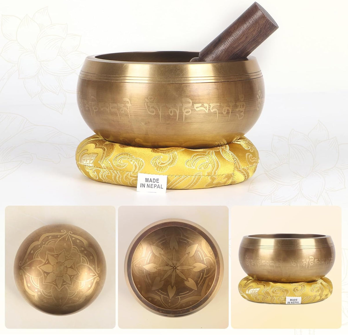 Tibetan Singing Bowls Set- Handmade in Nepal Meditation Sound Bowls for Yoga, Meditation, Mindfulness, Healing and Chakra Balancing, Stress Relief (4', Brown)
