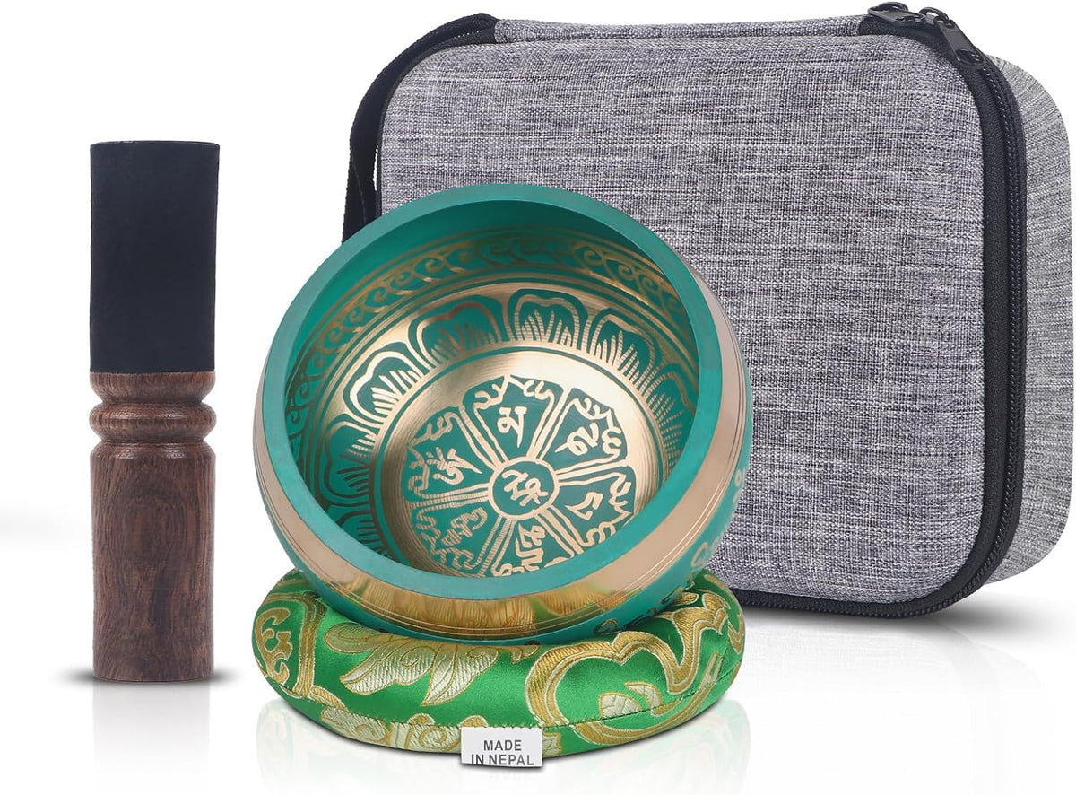 Tibetan Singing Bowls Set- Handmade in Nepal Meditation Sound Bowls for Yoga, Meditation, Mindfulness, Healing and Chakra Balancing, Stress Relief (4', Brown)