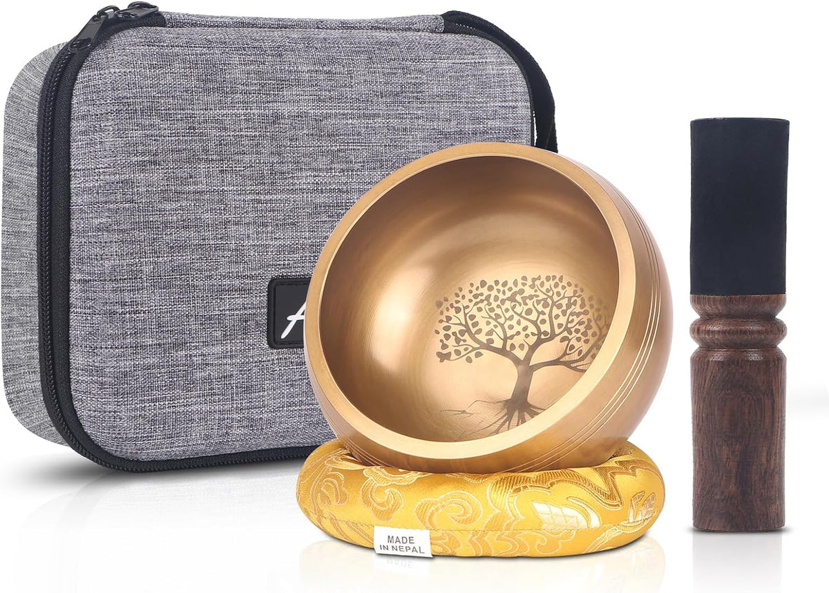Tibetan Singing Bowls Set- Handmade in Nepal Meditation Sound Bowls for Yoga, Meditation, Mindfulness, Healing and Chakra Balancing, Stress Relief (4', Brown)