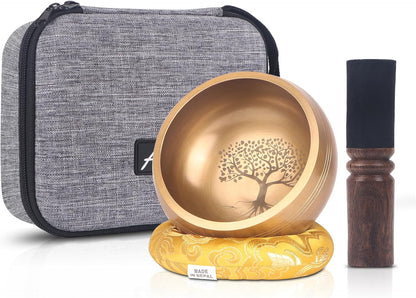 Tibetan Singing Bowls Set- Handmade in Nepal Meditation Sound Bowls for Yoga, Meditation, Mindfulness, Healing and Chakra Balancing, Stress Relief (4', Brown)