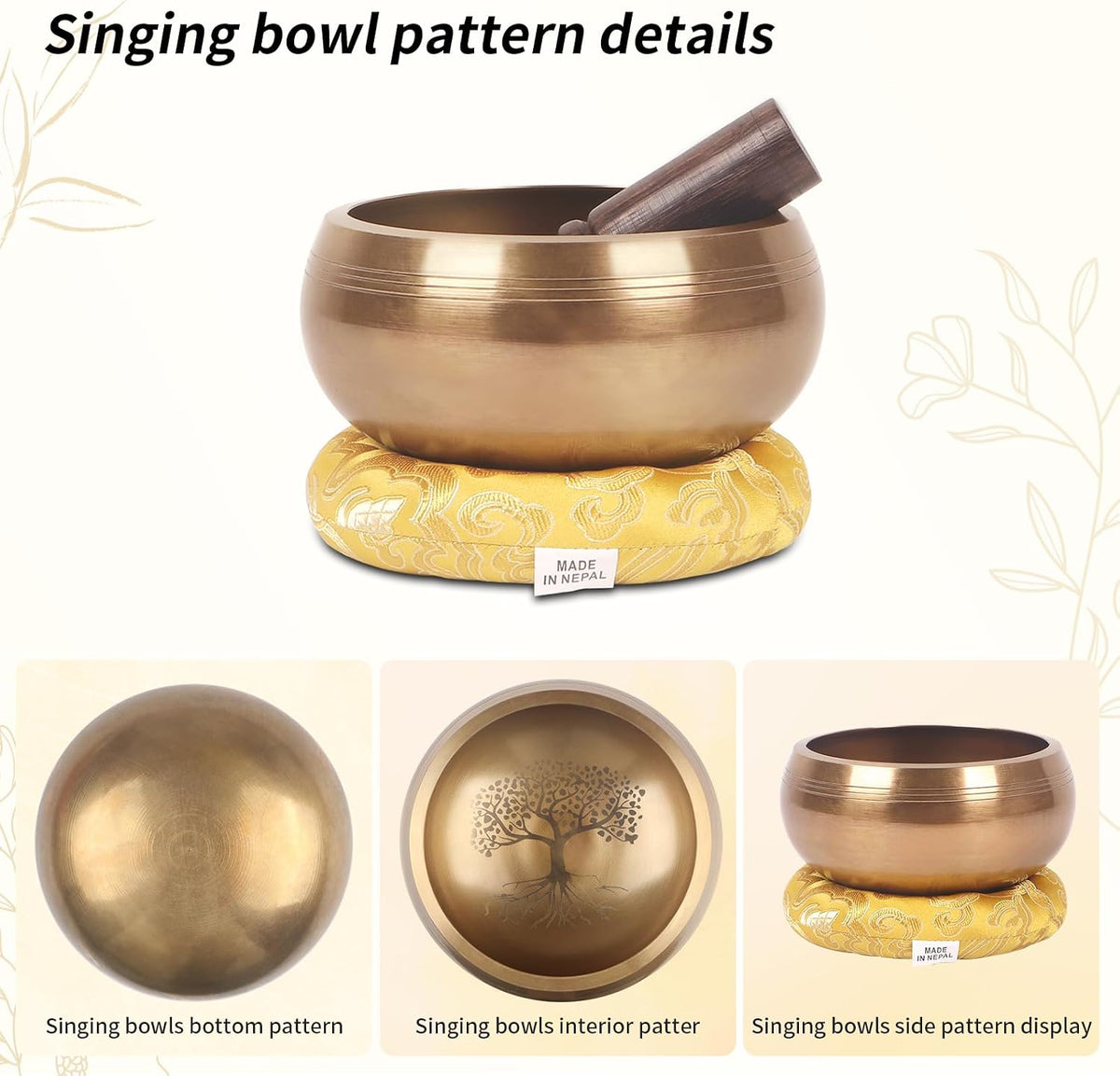 Tibetan Singing Bowls Set- Handmade in Nepal Meditation Sound Bowls for Yoga, Meditation, Mindfulness, Healing and Chakra Balancing, Stress Relief (4', Brown)