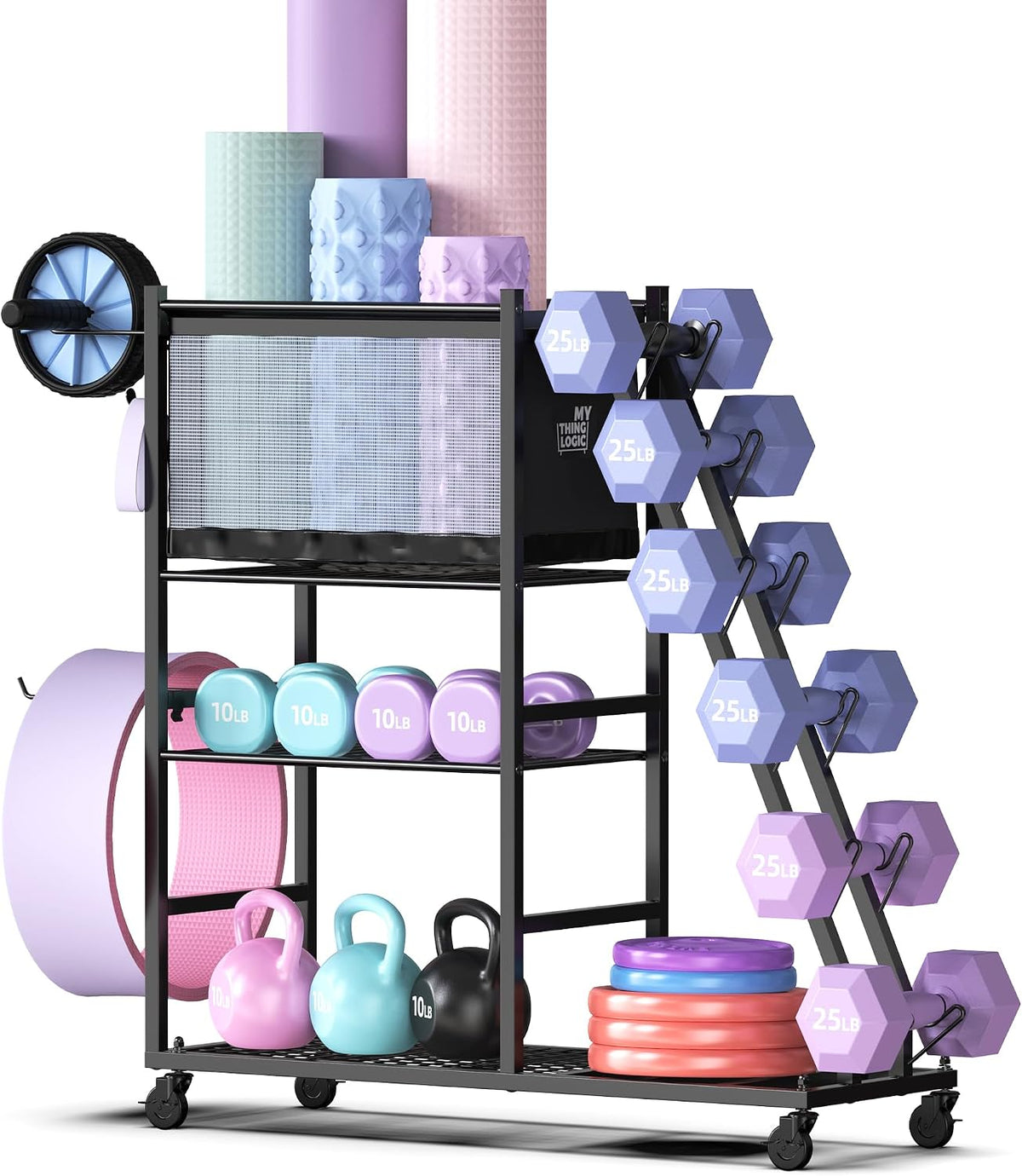 Dumbbell Rack with Yoga Mat Holder and Wheels for Home Gym