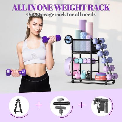 Dumbbell Rack with Yoga Mat Holder and Wheels for Home Gym