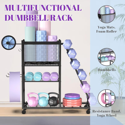 Dumbbell Rack with Yoga Mat Holder and Wheels for Home Gym
