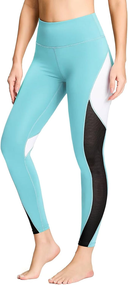Women Yoga Pants Color Blocking Mesh Workout Running Leggings Tights