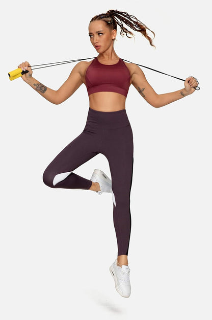 Women Yoga Pants Color Blocking Mesh Workout Running Leggings Tights