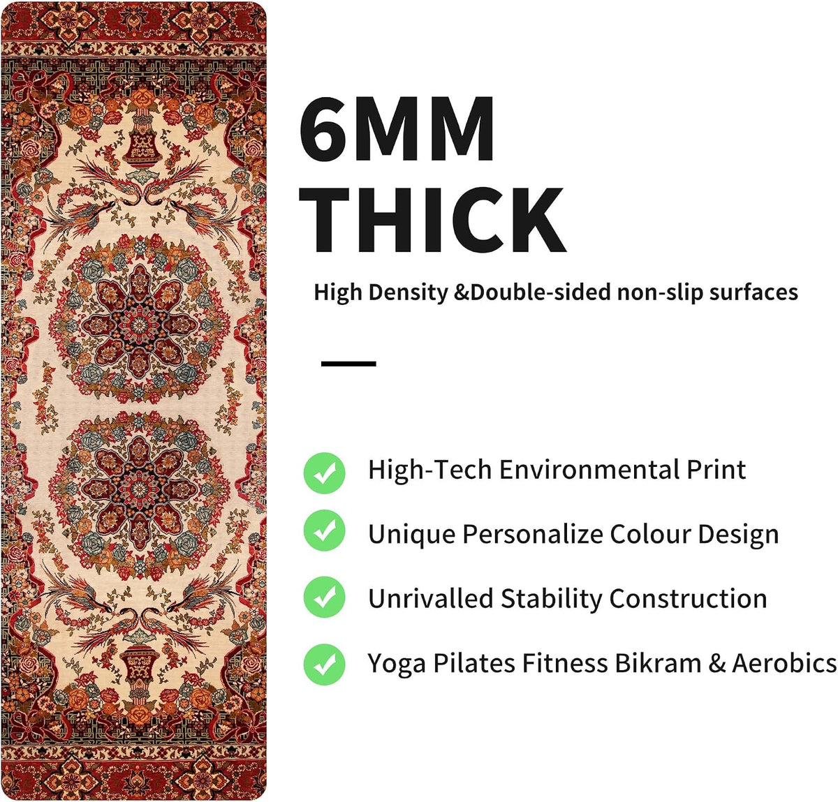 nuveti Yoga Mat Print Extra Thick TPE Non Slip Fitness Exercise Mat with Carrying Bag,72"x24" Extra Thick 6MM Exercise & Workout Mat for Yoga, Pilates Fitness and Floor Exercises - Colors B