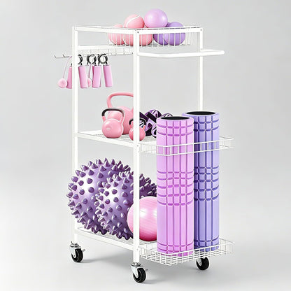 Workout Equipment Storage Rack Metal Yoga Mat Storage Rack, Weight Cart Home Gym Storage Rack with Wheels for Dumbbells, Yoga Mats, Kettlebells, Foam Rollers