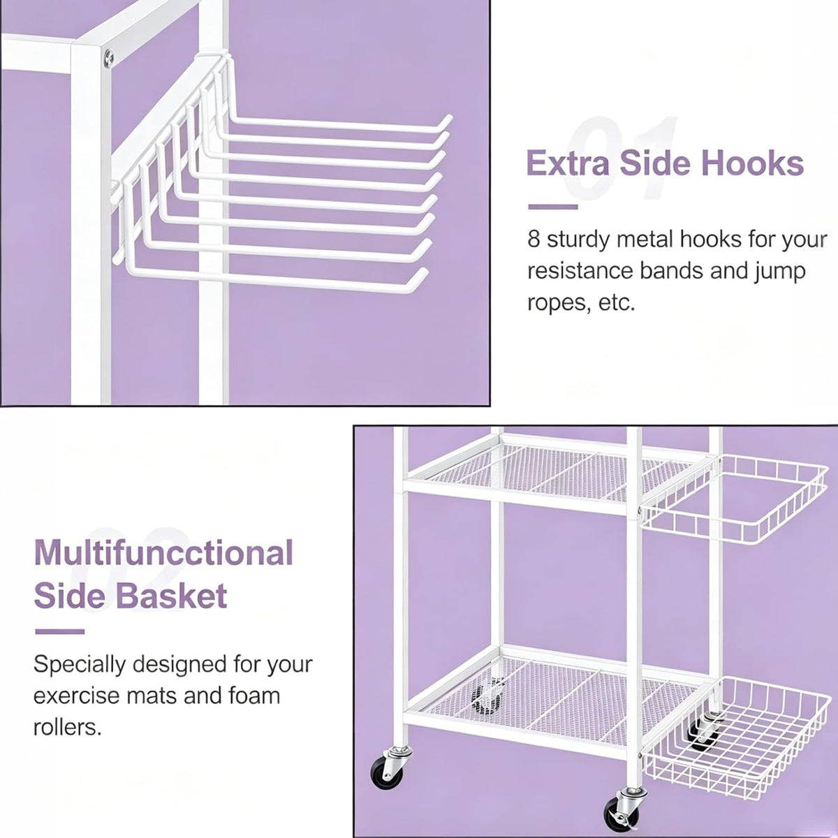 Workout Equipment Storage Rack Metal Yoga Mat Storage Rack, Weight Cart Home Gym Storage Rack with Wheels for Dumbbells, Yoga Mats, Kettlebells, Foam Rollers