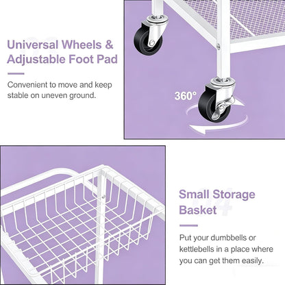Workout Equipment Storage Rack Metal Yoga Mat Storage Rack, Weight Cart Home Gym Storage Rack with Wheels for Dumbbells, Yoga Mats, Kettlebells, Foam Rollers