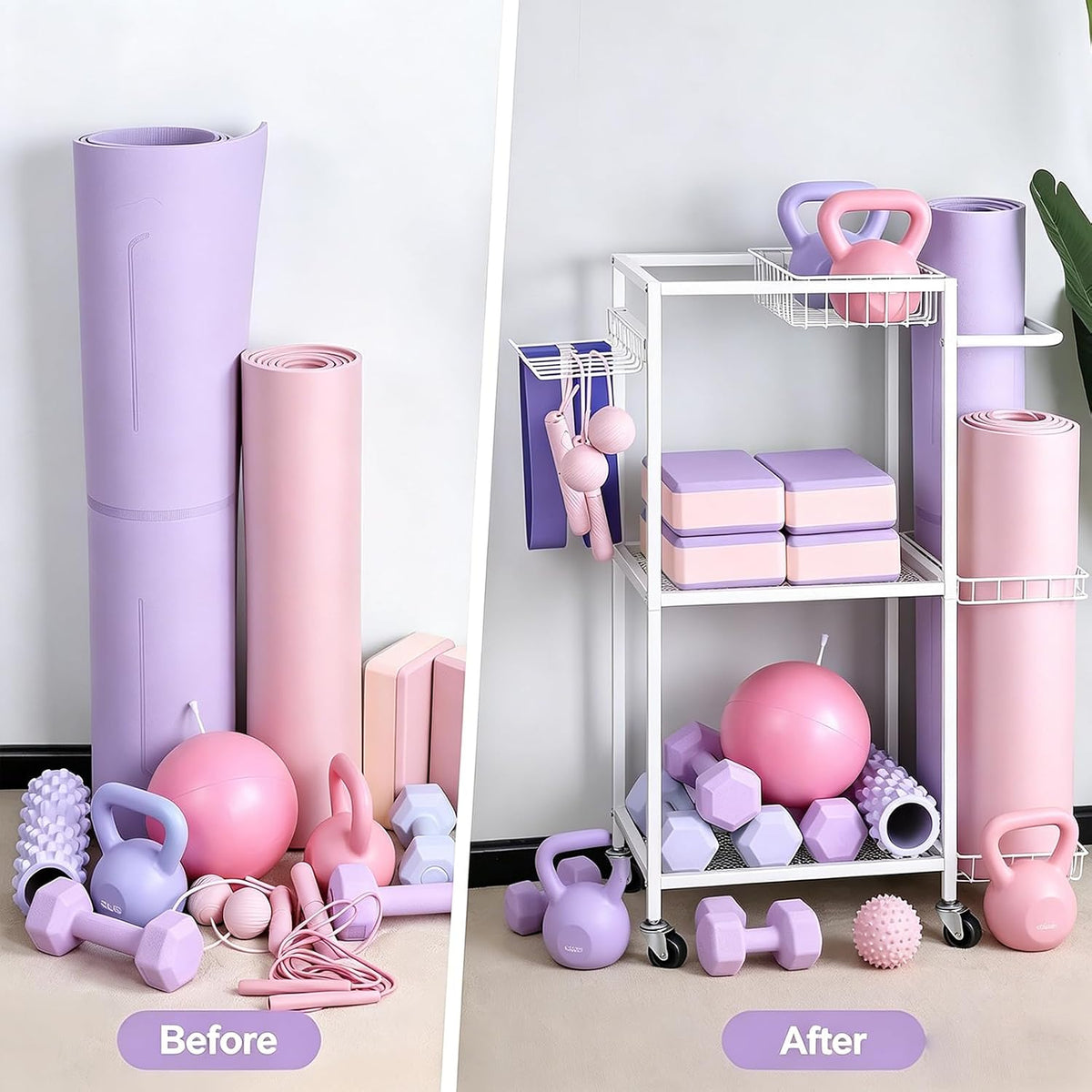 Workout Equipment Storage Rack Metal Yoga Mat Storage Rack, Weight Cart Home Gym Storage Rack with Wheels for Dumbbells, Yoga Mats, Kettlebells, Foam Rollers