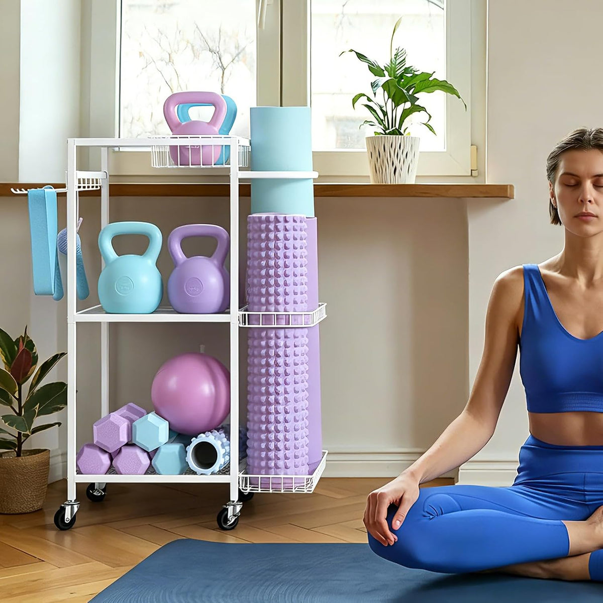 Workout Equipment Storage Rack Metal Yoga Mat Storage Rack, Weight Cart Home Gym Storage Rack with Wheels for Dumbbells, Yoga Mats, Kettlebells, Foam Rollers