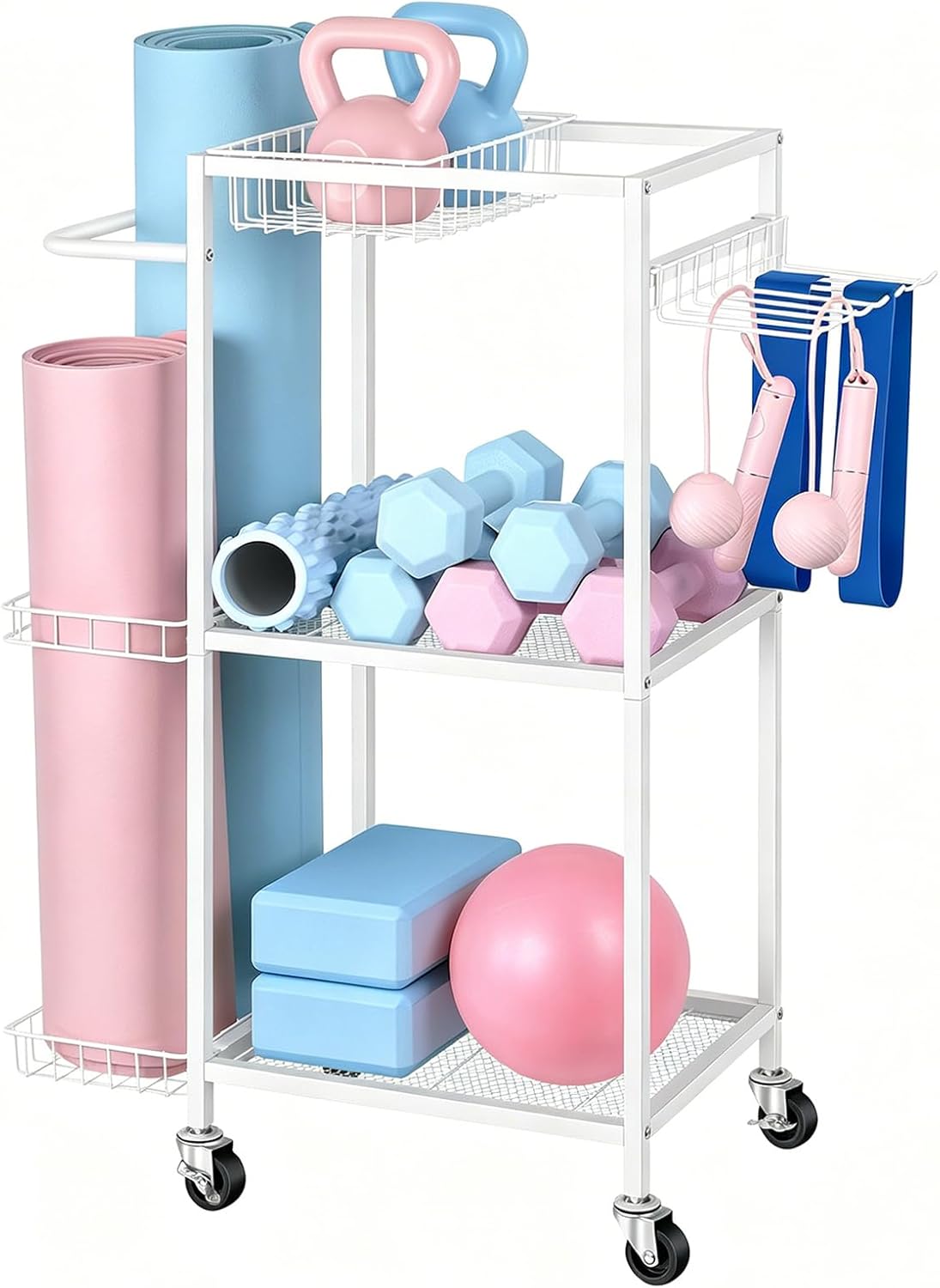 Workout Equipment Storage Rack Metal Yoga Mat Storage Rack, Weight Cart Home Gym Storage Rack with Wheels for Dumbbells, Yoga Mats, Kettlebells, Foam Rollers