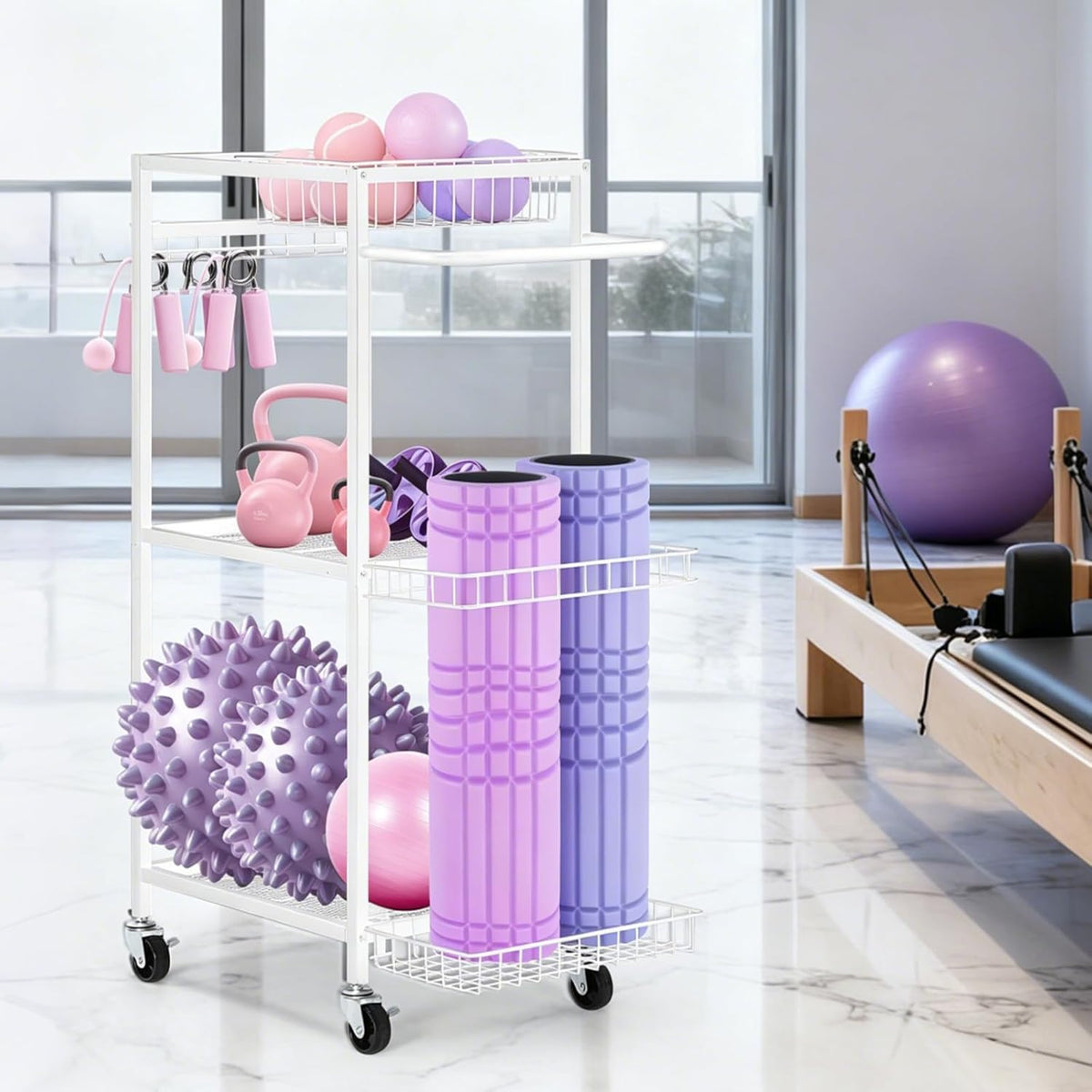 Workout Equipment Storage Rack Metal Yoga Mat Storage Rack, Weight Cart Home Gym Storage Rack with Wheels for Dumbbells, Yoga Mats, Kettlebells, Foam Rollers
