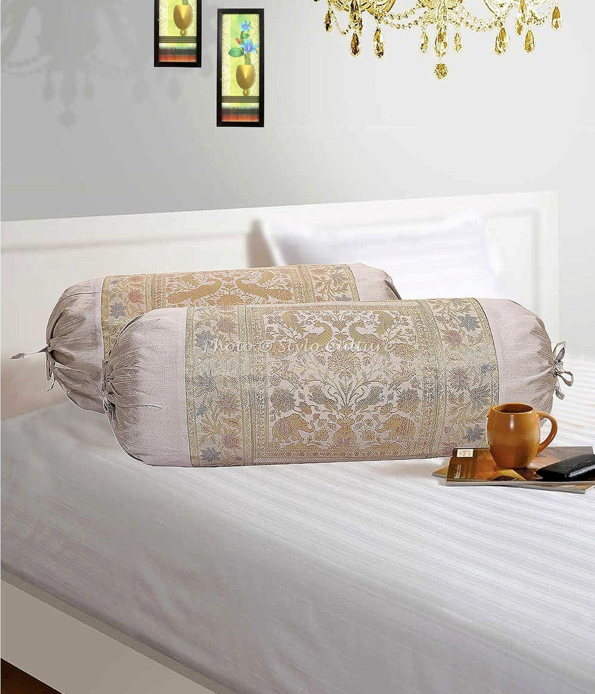 Traditional Polydupion Cylindrical Tube Pillow Bolster Pillow Covers Grey Jacquard Brocade Border Elephant Large Couch Round Cylinder Cushion Covers (Set of 2) | 30x15 Inches (76x38 cm)